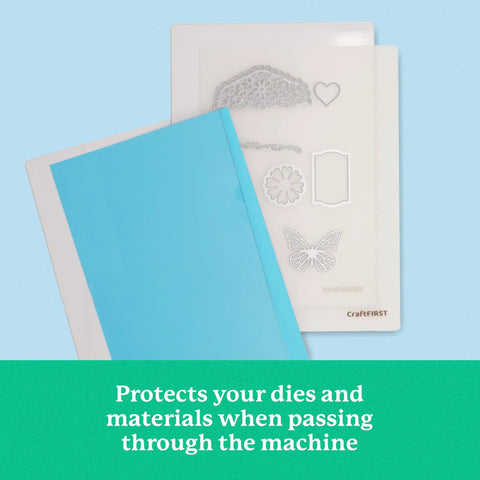 Plastic Shim Die Cutting Machine Accessories Pack 6 By 9 Inches Two Shims Protect Dies And Materials For Even Precise Cuts, shown in use with die cuts.