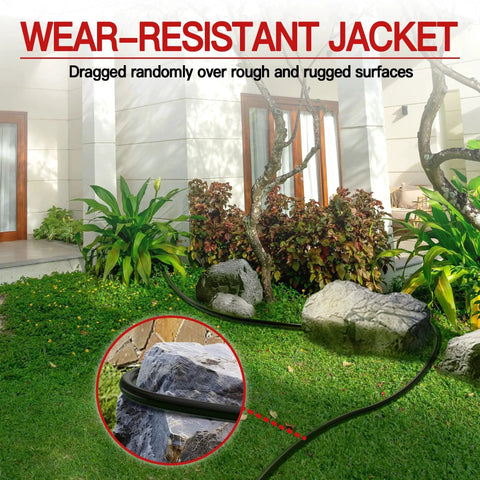 Outdoor 25 Ft Extension Cord 16 AWG SJTW 125V 13A Weatherproof ETL Listed on grass and stone, highlighting wear-resistant jacket.