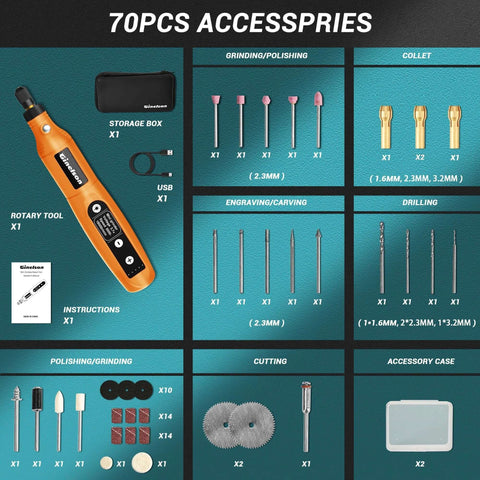 Cordless Mini Rotary Tool Kit GINELSON with 70 Accessories including USB-C, collets, and bits for engraving, sanding, and more.