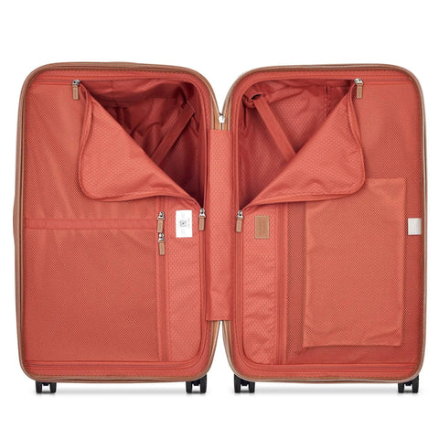 Interior view of Chatelet Air 2.0 Hardside Luggage Trunk with spacious compartments and zippered pockets by Delsey Paris