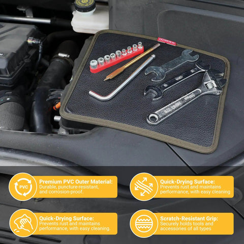 Must Have Magnetic Tool Mat Set for Garage and Workshop, Includes Magnetic Tray and Screw Organizer Pad on car engine