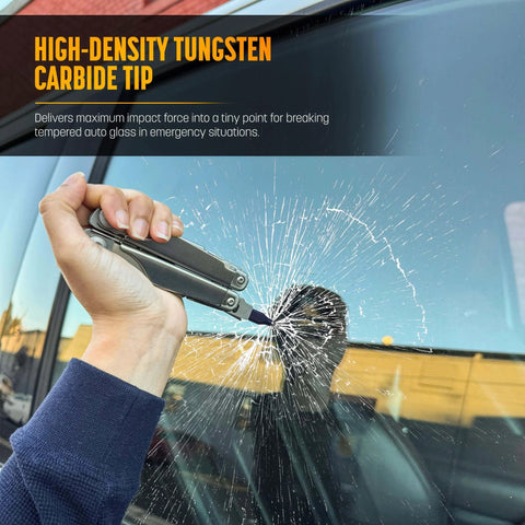 Beefy Tungsten Carbide Glass Breaker Bits For Leatherman Multitools, demonstrating glass-breaking on a car window