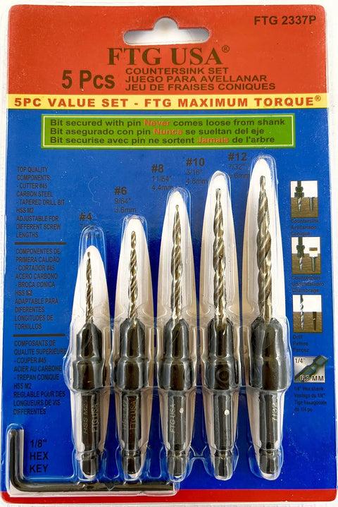 Pro Grade Countersink Drill Bit Set For Woodworking, 5 Pc Including Sizes 4, 6, 8, 10, 12, in retail packaging