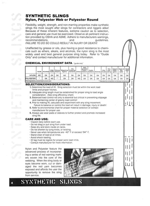 Synthetic nylon lifting slings catalog page showing an eye-to-eye rigging diagram and a hand handling webbing.