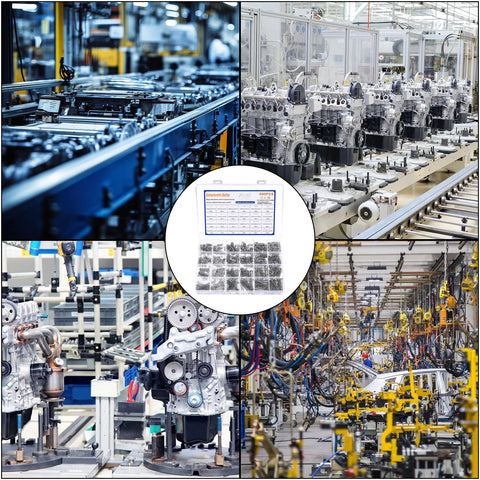 440-piece stainless steel compression springs kit with 24 sizes; collage shows kit label and factory assembly lines.