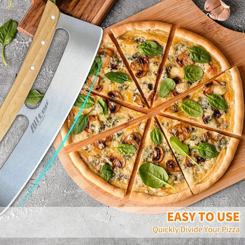 Pizza Peel And Rocker Cutter Set For Home Kitchen With Aluminum Paddle 12 By 14 Inches And Four 14 Inch Rocker Cutters With One Piece Handle And Cover Stainless Steel Cutter Heads Two Pack slicing pizza on a wooden board.