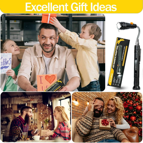 Magnetic Pickup Tool With LED Lights Telescoping Magnet Flashlight, shown with gift packaging next to people exchanging presents