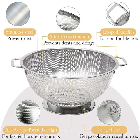 5 Quart Stainless Steel Colander With Handle For Beastly Fast Draining Fine Micro Perforations with features highlighted