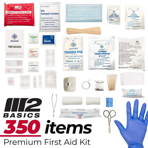 Professional 350 Piece First Aid Kit with essential medical supplies including bandages, antiseptic wipes, gloves, gauze, and more.