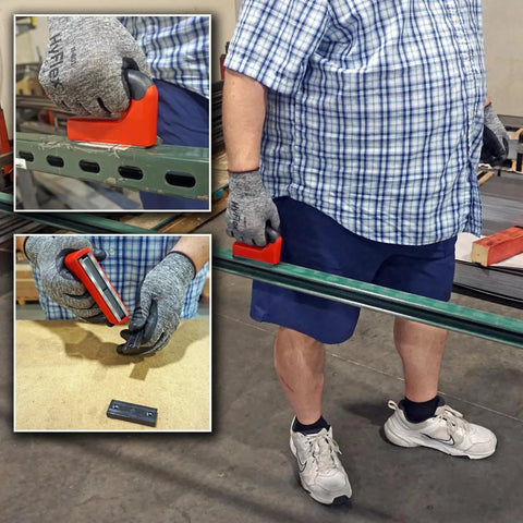 Person using 100 Pound Pull Magnetic Lifter With Ergonomic Handle Red to lift metal beam; close-up views show the magnetic lifter in action.