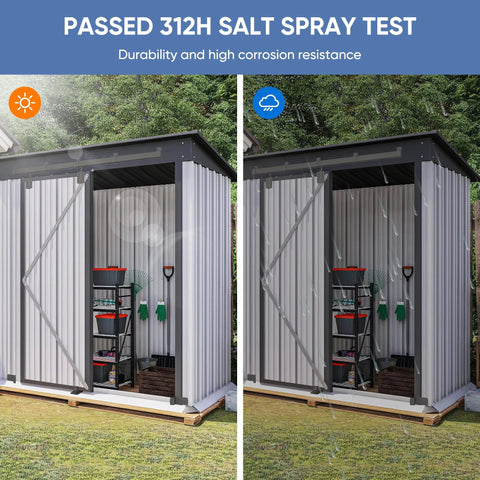 Outdoor storage shed with durable metal panels and salt spray test label highlighting corrosion resistance, lawn setting.