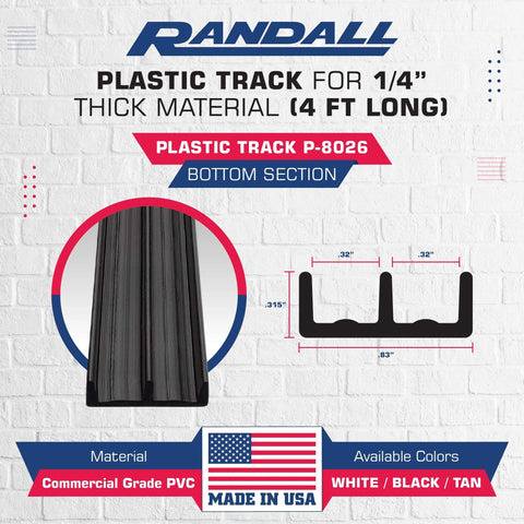 Four Foot Long Plastic Sliding Door Track Kit With Upper And Lower Tracks Super Easy Setup No Extra Hardware Needed Cut To Size For Quarter Inch Panels Black Finish Durable And Smooth Operation For Home Or Office, showing track dimensions and material details against white background.