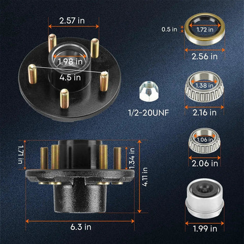 Trailer Idler Hub Kit 5x4.5 For 3500 Lb Axles, 2 Pack With Bearings And Grease Seals, direct fit hub with dimensions