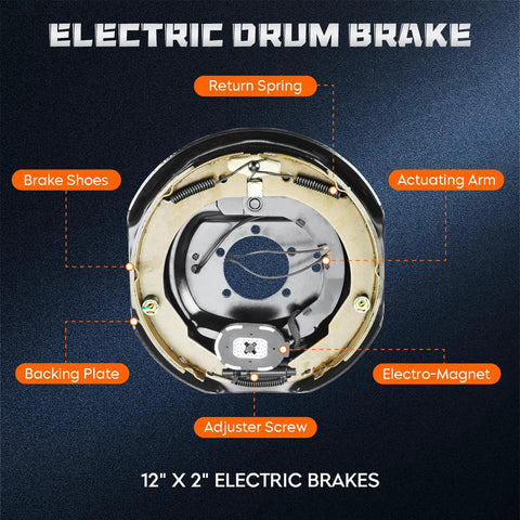 Electric trailer brake drum assembly, 12x2 in, 8-hole on 6.5 in bolt circle; front view shows brake shoes and magnet