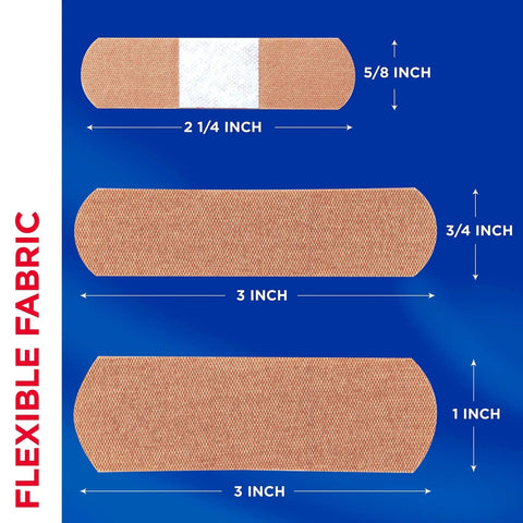 Flexible Fabric Adhesive Bandages For Wound Care And First Aid Assorted Sizes shown in 100 Count Band Aid Brand Memory Weave Fabric