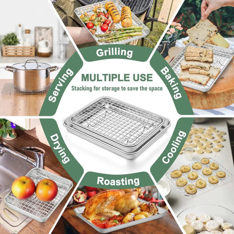 Stainless Steel Baking Sheet With Wire Rack Set 16 Inch By 12 Inch Pan And Cooling Rack for multiple kitchen uses including grilling, baking, and roasting
