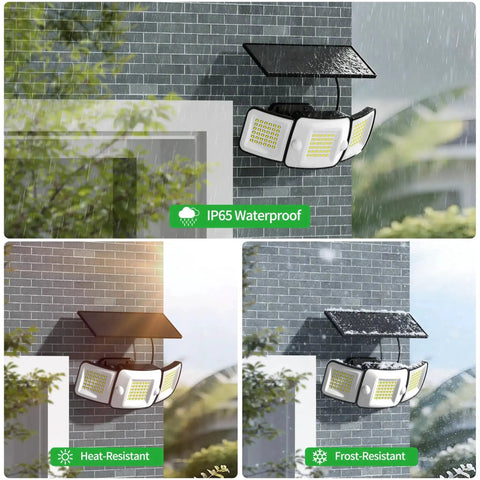 Beefy 1200 Lumen Solar Flood Light Outdoor Waterproof with Dual Motion Sensor mounted on wall, shown in rain, heat, and frost conditions.