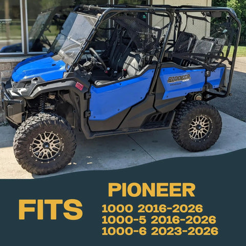 Blue Honda Pioneer 1000 UTV with black roll cage and off-road tires