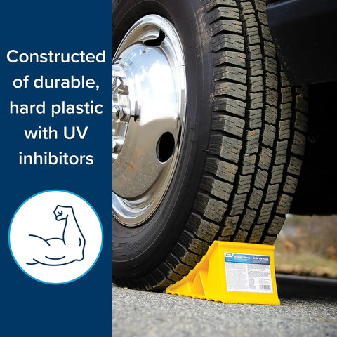 RV Wheel Chocks 2 Pack Heavy Duty Keeps Trailer In Place Up To 26 Inches showing yellow chock securing tire outdoors