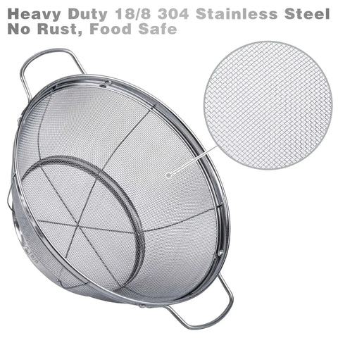Three Pack 18/8 Stainless Steel Colander Sieves Set With Handy Handles And Resting Base For No Fuss Straining Draining Rinsing Or Steaming In 5 Quart 4 Quart And 3 Quart Sizes, highlighted mesh and handles