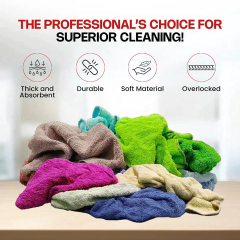 Color Terry Cloth Rags 5 Lb Compressed Box Super Absorbent Cotton Towels arranged in a pile on a surface