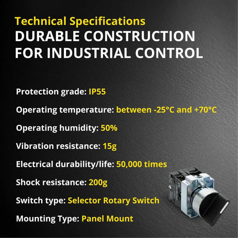 Technical specifications of Rotary Switch With 2-Position Maintained Selector No NC Latching, 22mm Panel Mount, 220VAC 10A.