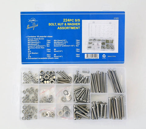 Stainless Steel Nut Bolt And Washer Assortment Kit 224 Piece with cross recessed screws, flat washers, hex nuts in a resealable case.