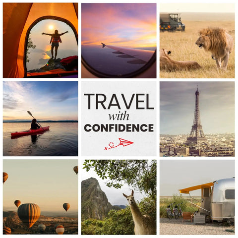 Collage of travel images featuring landscapes, wildlife, and landmarks with 'Travel with Confidence' text in the center.