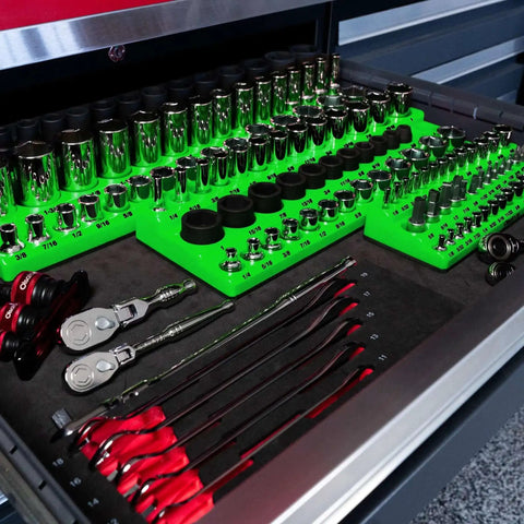 Magnetic Socket Organizer For One Quarter, Three Eighths And One Half Inch Drive SAE Sockets, Holds Up To One Hundred Twenty Three Sockets, Green Gearhead Must Have For A Clean, Streamlined Workshop in tool drawer with sockets and ratchets.