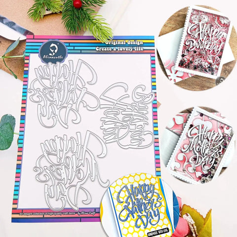 3 Piece Metal Die Cut Set For Card Making And Paper Crafts with templates for Birthday, Father's Day, Mother's Day, includes steel dies