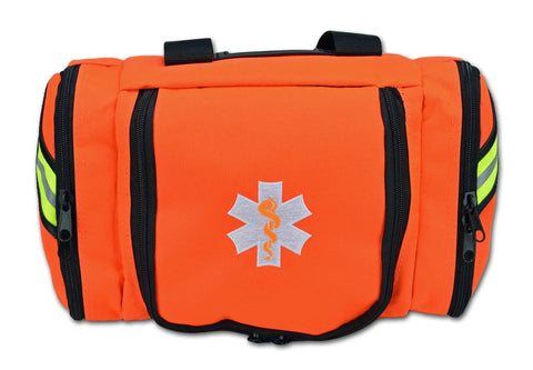 Front view of Value Compact Medic First Responder Trauma Bag With Basic Fill Kit for EMS and EMTs, orange, with reflective tape and foam dividers.
