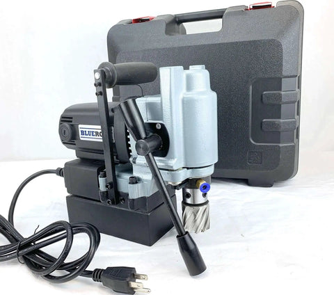 Typhoon Mini Magnetic Drill With Annular Cutter Capability For 110V 640 RPM Compact 7/16 To 1 1/2 Inch Hole Capacity And 2 Inch Depth Coffee Color Built For Real Metalwork BLUEROCK Tools with carrying case.