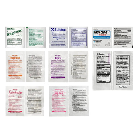 Collection of medication packets in the Ultralight Waterproof Medical Kit For Up To 3 People And 3 Days With DryFlex Bag.