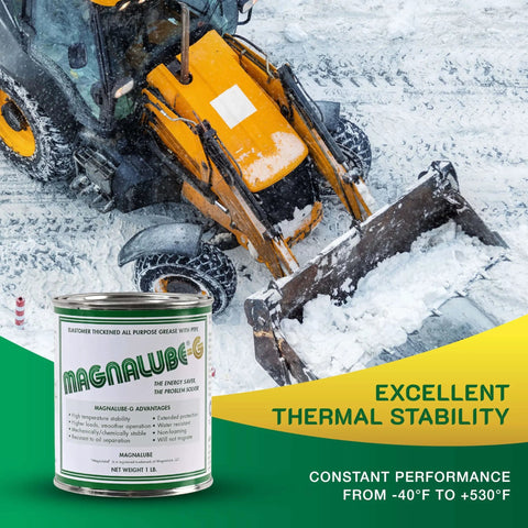 Can of All Purpose PTFE Grease For Mechanics And Heavy Duty Jobs with snowplow in snowy conditions, showing thermal stability range.