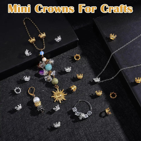 60 Pcs Mini Crown Charms For Crafts 3D Hollow Queen Crown Beads for Jewelry Making in gold and silver with jewelry display