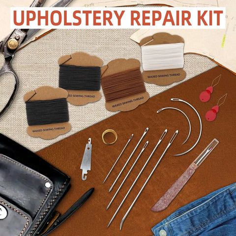Upholstery Repair Kit With Extra Strong Waxed Thread Four Rolls In Three Colors And Heavy Duty Hand Needles Seven Pieces