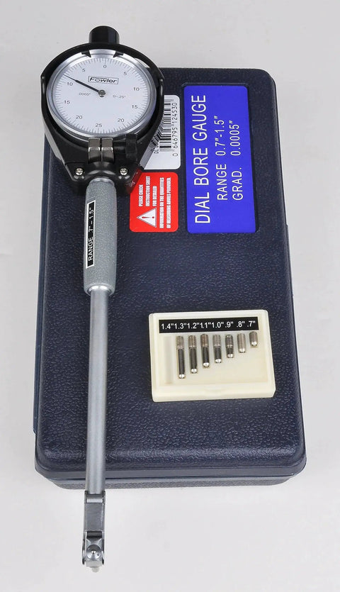 Dial Bore Gage Set With 0.7 To 1.5 Inch Range, 0.0005 Inch Dial Readout, 8 Inch Measuring Depth, Chrome Plated Handle, Carbide Tipped Anvils For Extended Wear And Precision Fowler Elite