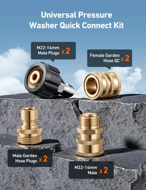 Pressure Washer Quick Connect Kit with M22 14mm swivel, 3/8 inch and 3/4 inch adapters on display.
