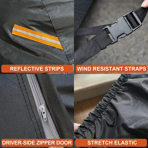 Close-up of features on All Weather Heavy Duty SUV Car Cover With Zipper For Outdoor Snow Sun UV Waterproof Exterior Protection Universal Fit For SUVs And Jeeps Up To 181 Inches Kayme, including zipper door, reflective strips, wind resistant straps, and stretch elastic.
