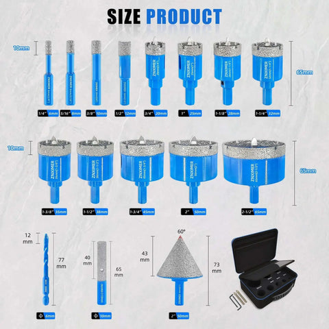 Pro Grade Diamond Hole Saw Kit With Pilot Bit For Tile Marble Granite Ceramic And Porcelain Includes 16 Piece Set From 6mm To 65mm Plus Diamond Chamfer And Milling Bits shown in full set