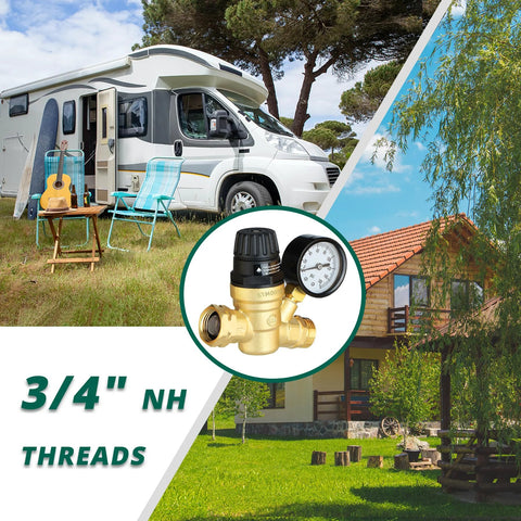 RV water pressure regulator for camper, brass lead-free with 0–160 PSI gauge, 3/4 in NH threads, Amazon brand