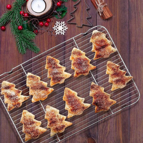 Half Sheet Baking Pan With Wire Cooling Rack Set For Oven Cooking 17.7 By 13 Inch Stainless Steel Rimmed Tray with tree-shaped cookies