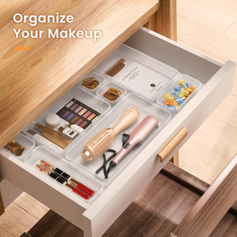 Military Grade Clear Drawer Organizer Set 28 Pcs 5 Sizes Holds 177 Items For Bathroom Vanity Desk Office Junk Drawer Pantry Storage By A LuGei with makeup and beauty products in a drawer.
