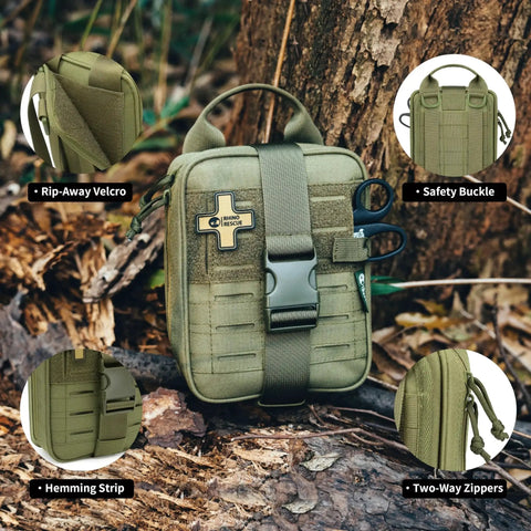 Survival First Aid Kit With Molle Pouch Emergency Medical Gear For Vehicles Car Camping Hiking Outdoors IFAK Medical Kit For Rangers And Hunters Green in forest