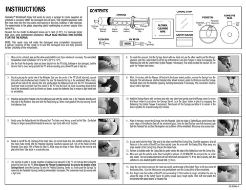 Instructions for using Windshield Chip Repair Kit 5 Ml Clear Quick Fix for Bulls Eye and Star Chips Up to 3 cm.