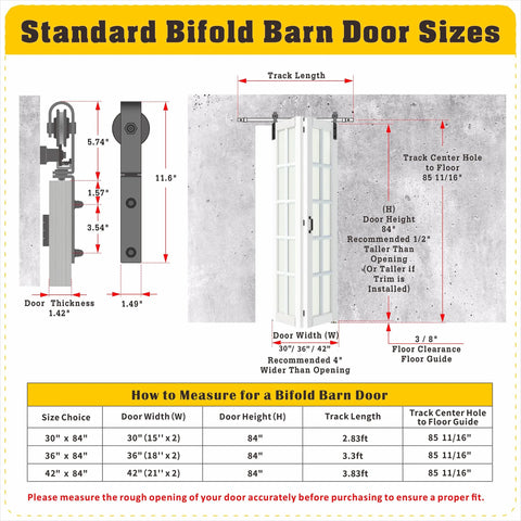 Bi-Fold Barn Door Kit 42 By 84 Inches With 10-Lite Tempered Frosted Glass Panels And Sliding Hardware For Two Doors White MDF Closet Slab 3.83 Foot Track Space Saving Modern Home Upgrade dimensions and installation guide.