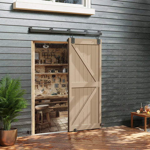 8ft Box Rail Exterior Barn Door Hardware Kit Heavy Duty Black Sliding Track System with wall mount on outdoor shed