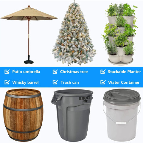 Collage of patio umbrella, Christmas tree, stackable planter, whisky barrel, trash can, and water container against white background.