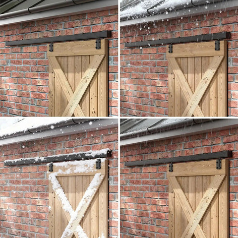 Four views of Five-Foot Box Rail Sliding Barn Door Hardware Kit With Wall Mount Track on brick wall with wooden door.