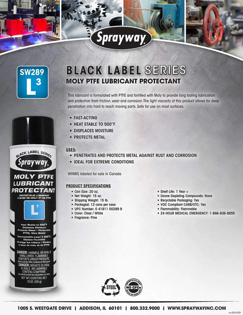 Black label canister of Heavy Duty PTFE Moly Lubricant Protectant For Metal Surfaces, Fast Acting Friction Reduction, Moisture Displacement, Heat Stable To 500 Degrees Fahrenheit, Long Lasting Protection Against Wear, Corrosion And Rust, Deep Penetration, 15 Oz.
